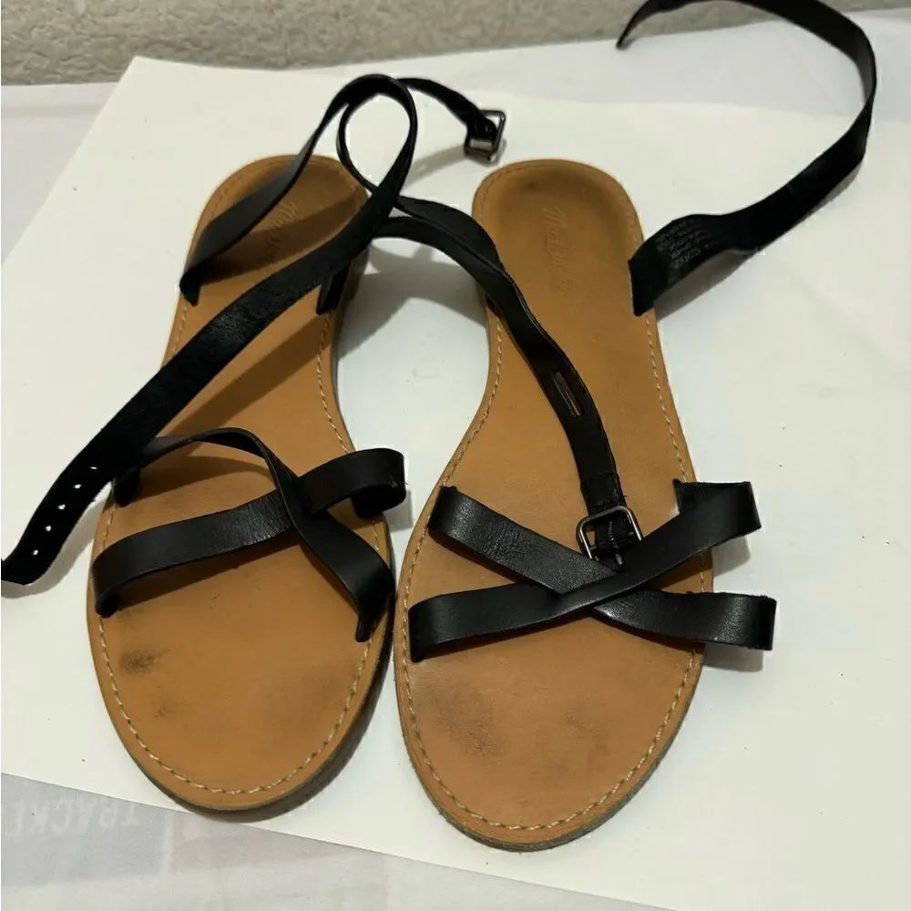 MADEWELL Boardwalk Ankle Strap Sandals Black Leather Strappy Women's Sz 10 Shoes